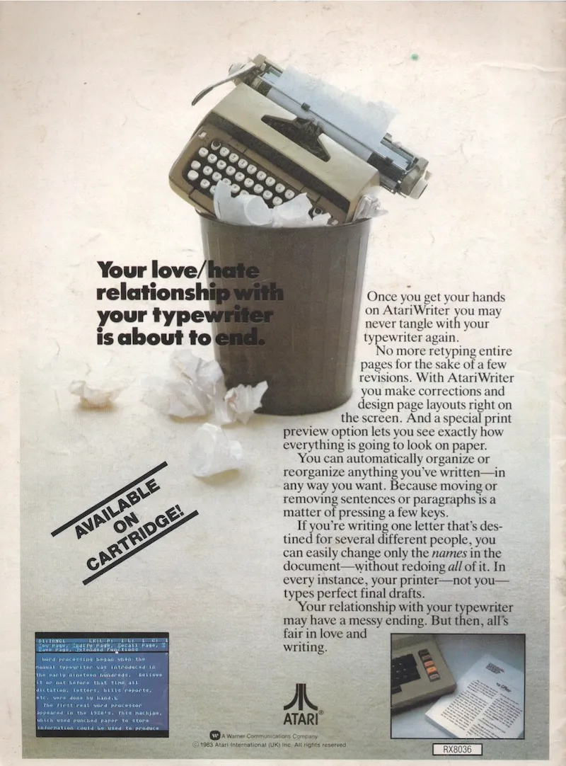 1983 magazine advertisement for AtariWriter software