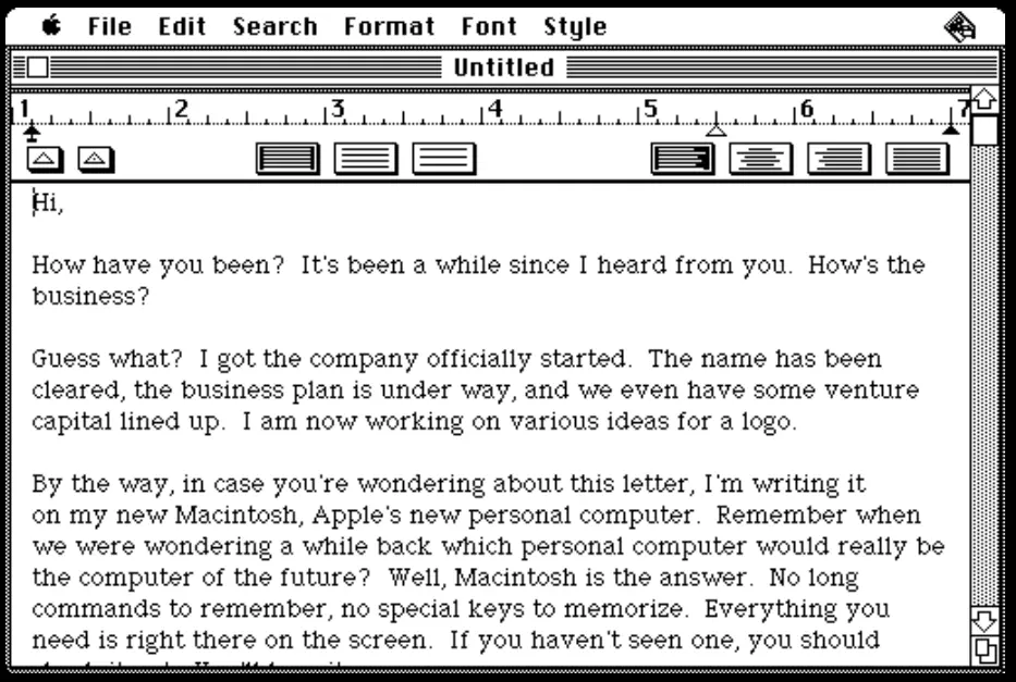 MacWrite interface screenshot -- a person is writing a letter to a friend