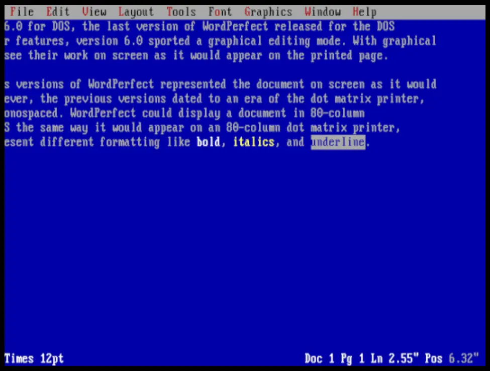 WordPerfect text interface on a DOS screen